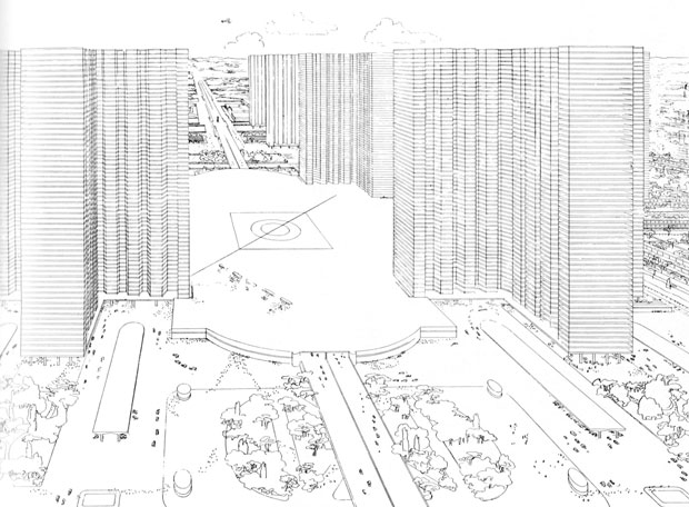 the center of Le Corbusier's Radiant City. It is designed to accommodate helicopters and cars quite well...people, not so much.